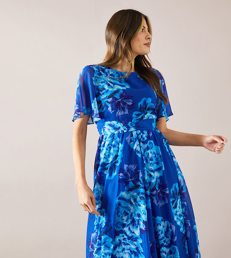 Floral Chiffon Twist Front Midi Dress