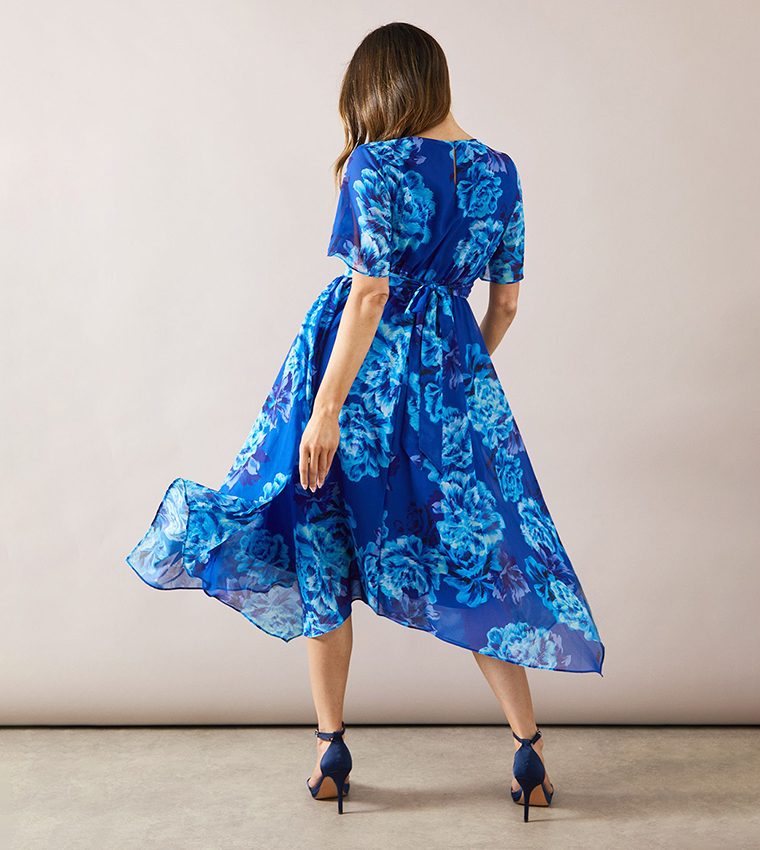 Floral Chiffon Twist Front Midi Dress
