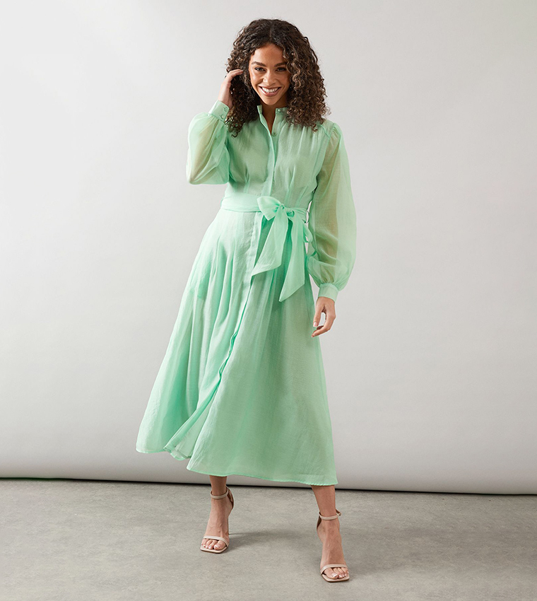 Buy Wallis Belted Long Sleeves Midi Shirt Dress In Green