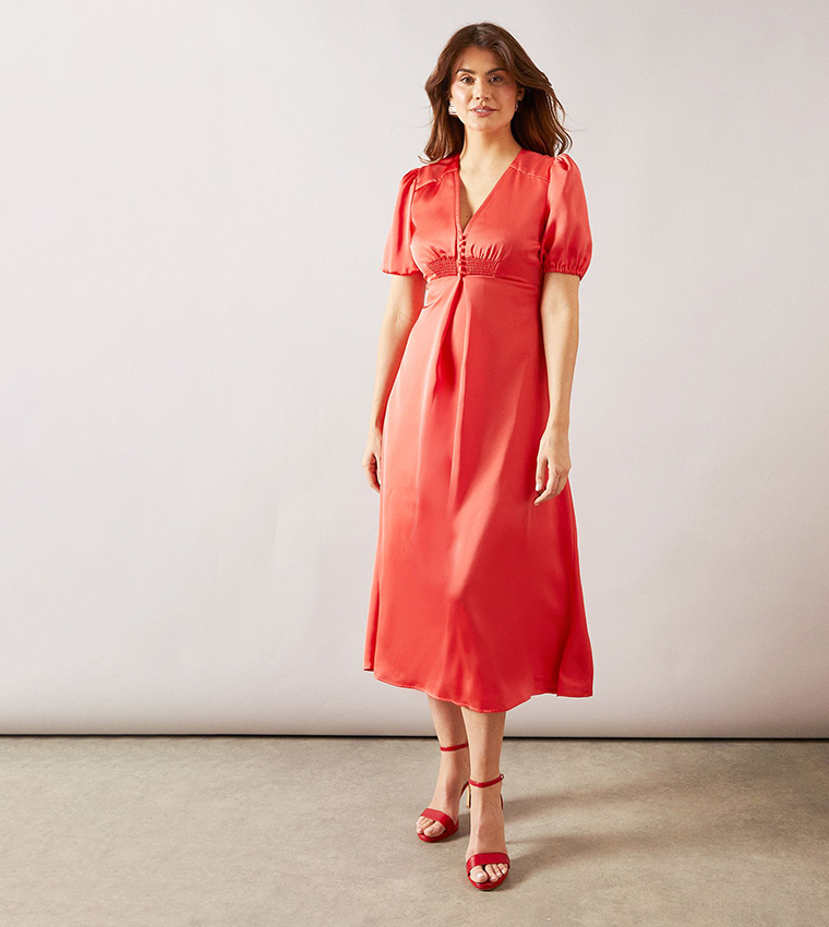 Satin Puff Sleeves Button Midaxi Dress