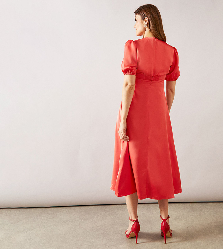 Satin Puff Sleeves Button Midaxi Dress
