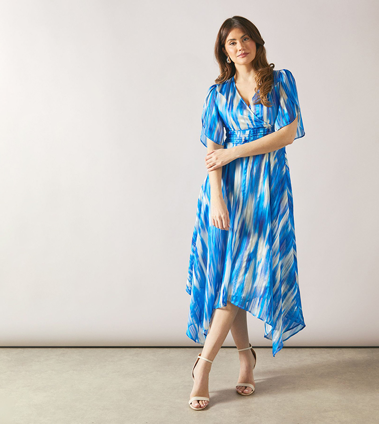 Abstract Burn Out Striped Ruched Waist Midi Dress