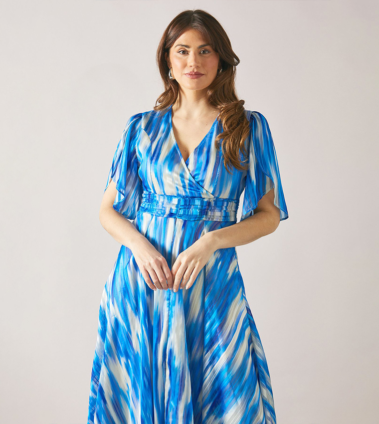 Abstract Burn Out Striped Ruched Waist Midi Dress