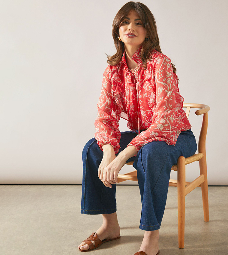 Floral Print Lurex Ruffle Long Sleeves Top
