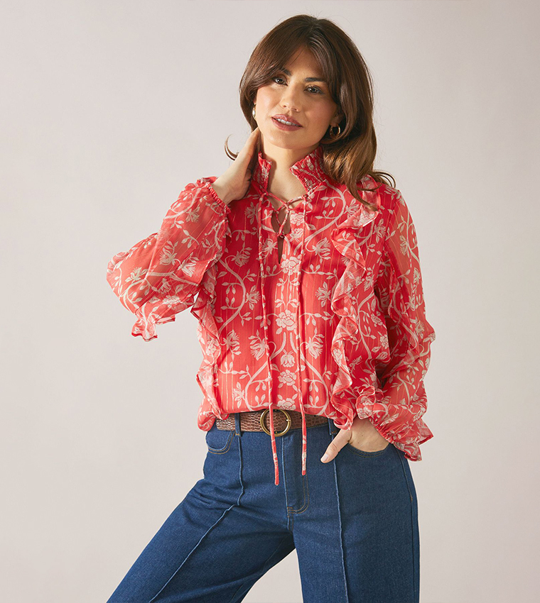 Floral Print Lurex Ruffle Long Sleeves Top