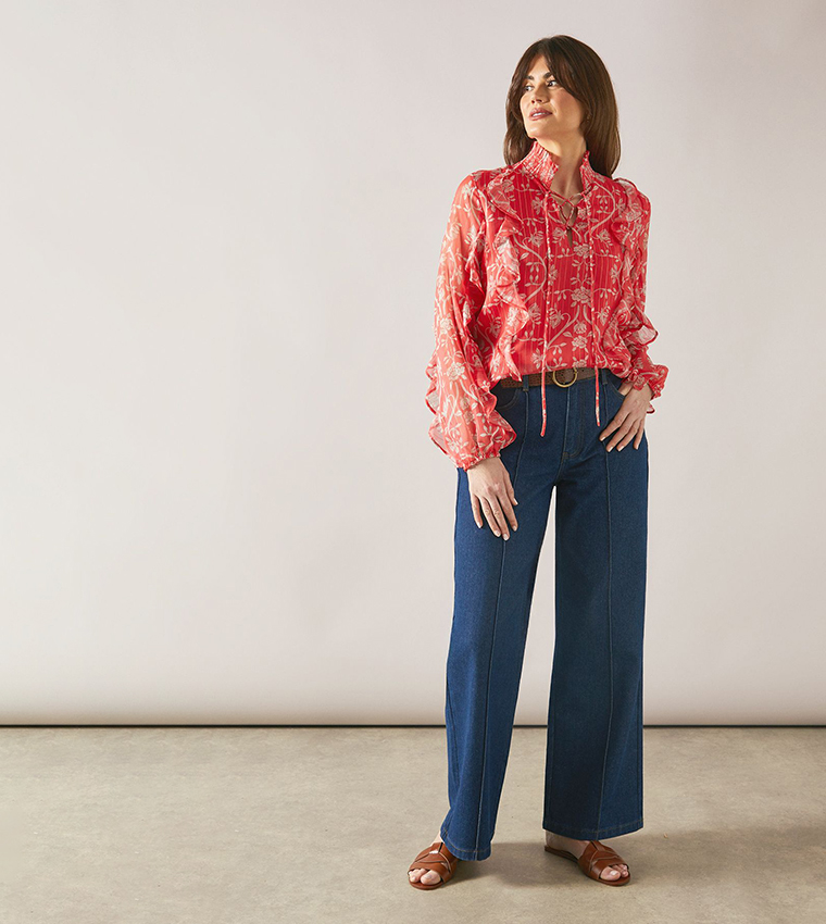 Floral Print Lurex Ruffle Long Sleeves Top