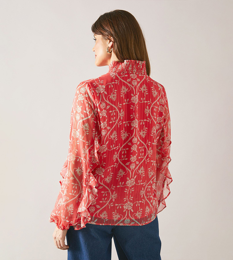 Floral Print Lurex Ruffle Long Sleeves Top