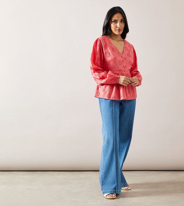 Petite Broderie Button Peplum Top
