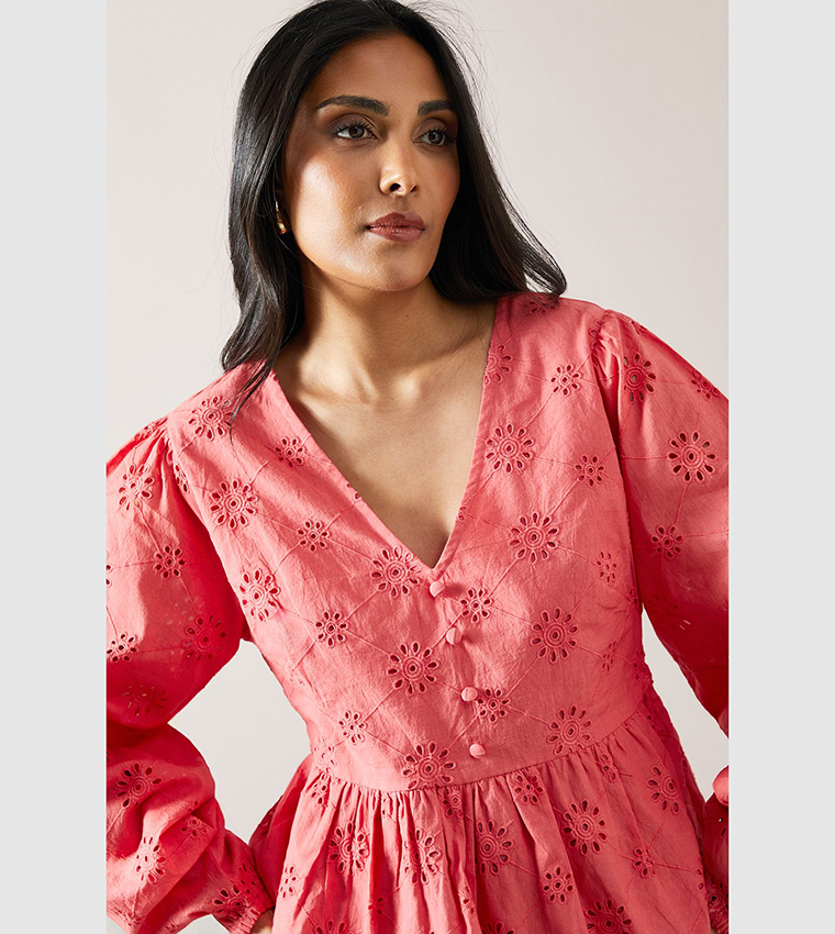 Petite Broderie Button Peplum Top