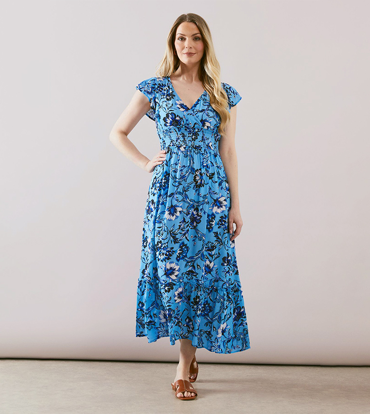 Printed Ruffle Sleeves Shirred Waist Midaxi Dress