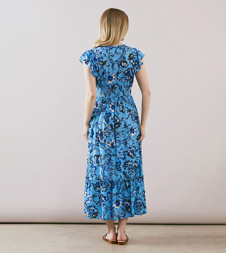 Printed Ruffle Sleeves Shirred Waist Midaxi Dress
