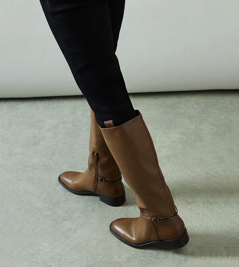 Keely Faux Leather Stirrup Detail Riding Knee High Boots