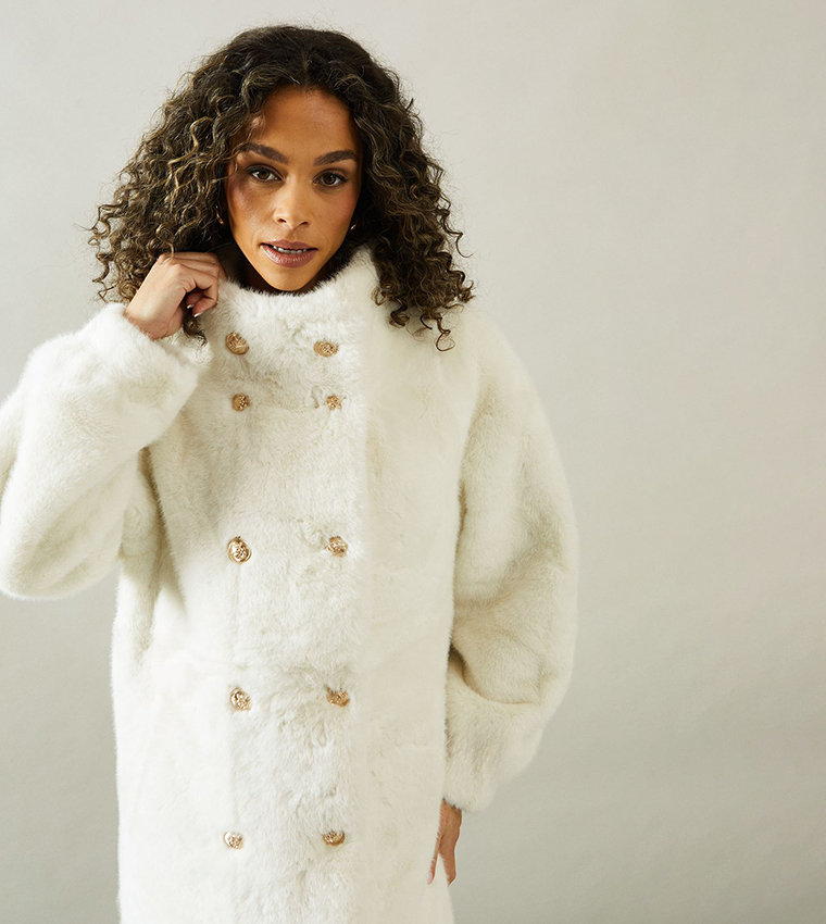 Faux Fur Double Breasted Coat