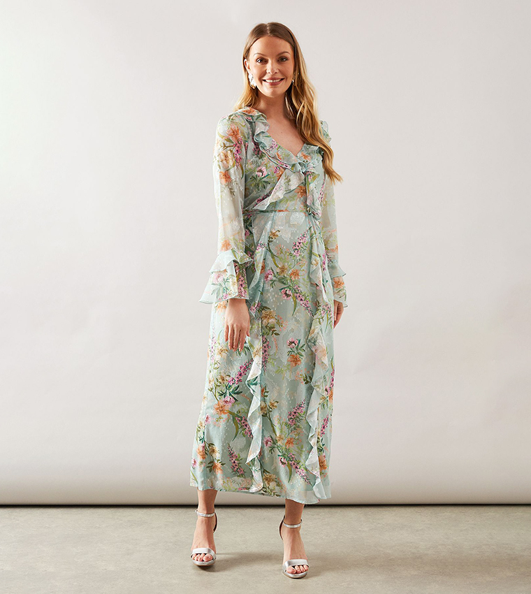 فستان ميداكسي بحزام وبكسرات بطبعة زهور