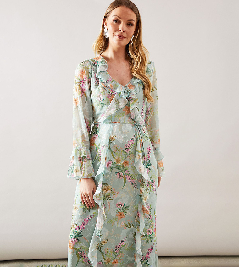 فستان ميداكسي بحزام وبكسرات بطبعة زهور