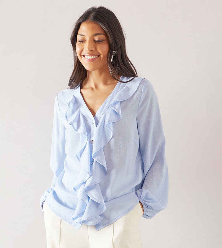 Hotfix Ruffle Front Balloon Sleeves Top