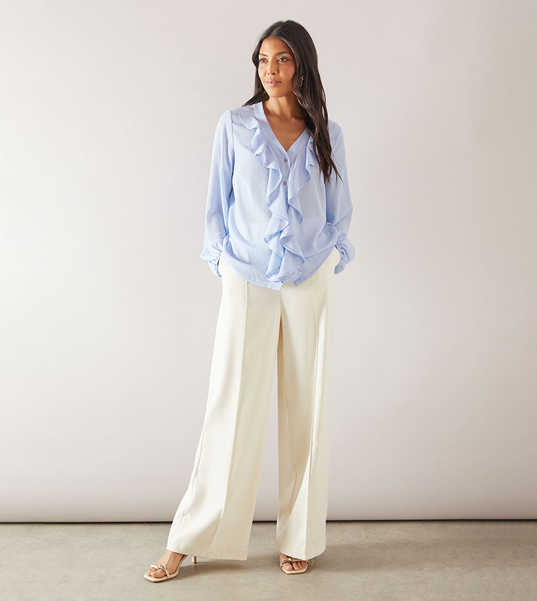 Hotfix Ruffle Front Balloon Sleeves Top