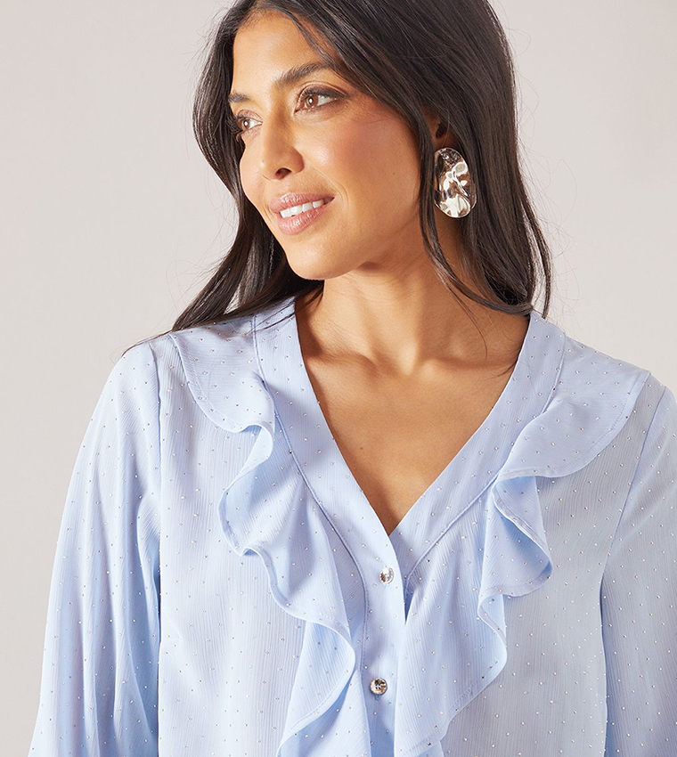 Hotfix Ruffle Front Balloon Sleeves Top