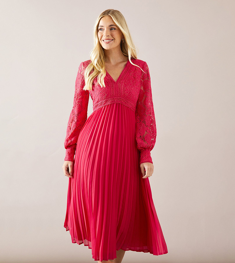 Petite Lace Pleated Skirt Midi Dress