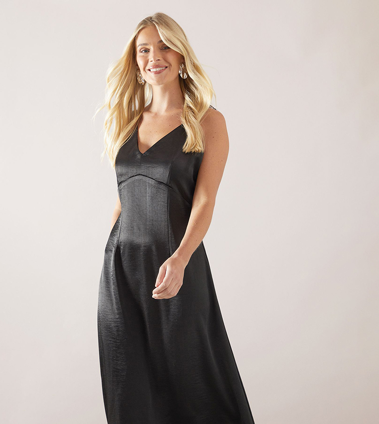 Petite Satin Lace Strap Midaxi Dress