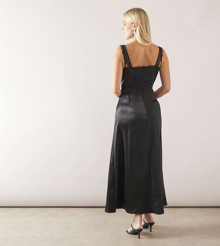 Petite Satin Lace Strap Midaxi Dress