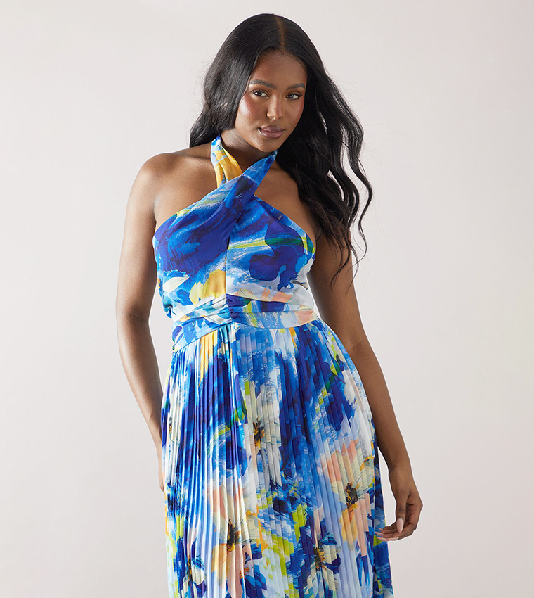 Floral Print Halterneck Pleated Midi Dress