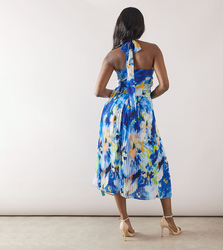 Floral Print Halterneck Pleated Midi Dress