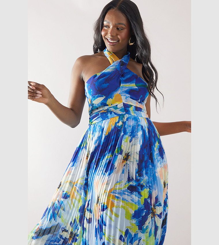 Floral Print Halterneck Pleated Midi Dress