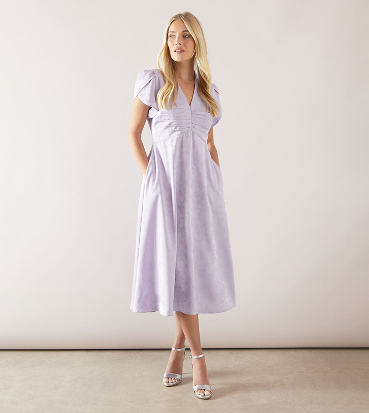 Petite Satin Jacquard Pleat Detail Midi Dress