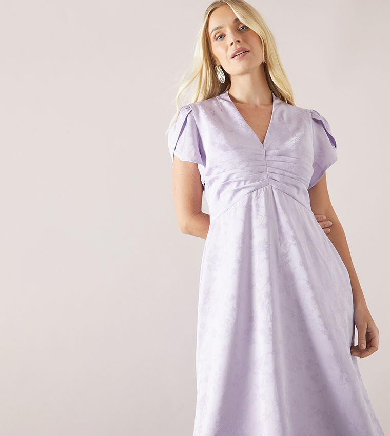 Petite Satin Jacquard Pleat Detail Midi Dress