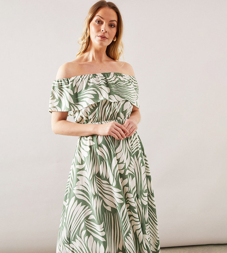Abstract Print Off Shoulder Midaxi Dress