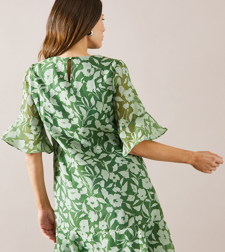 Burnout Floral Print Ruffle Sleeves Shift Dress