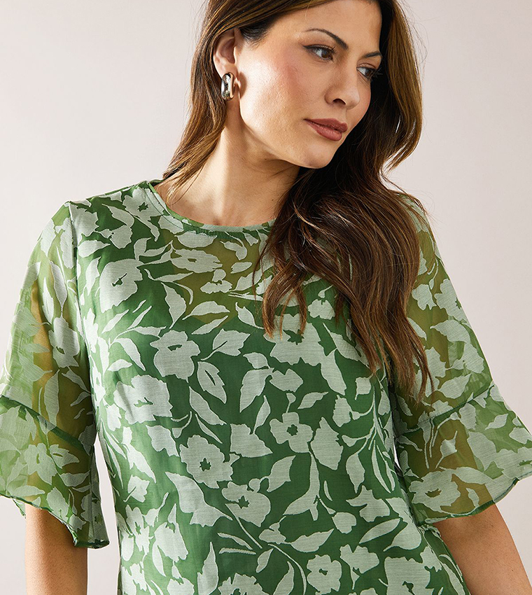 Burnout Floral Print Ruffle Sleeves Shift Dress