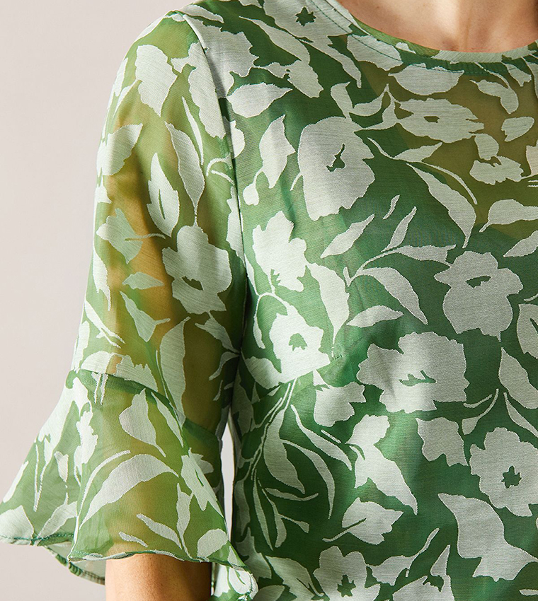 Burnout Floral Print Ruffle Sleeves Shift Dress