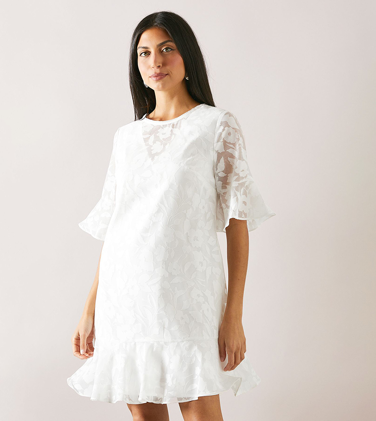 Burnout Floral Print Ruffle Sleeves Shift Dress