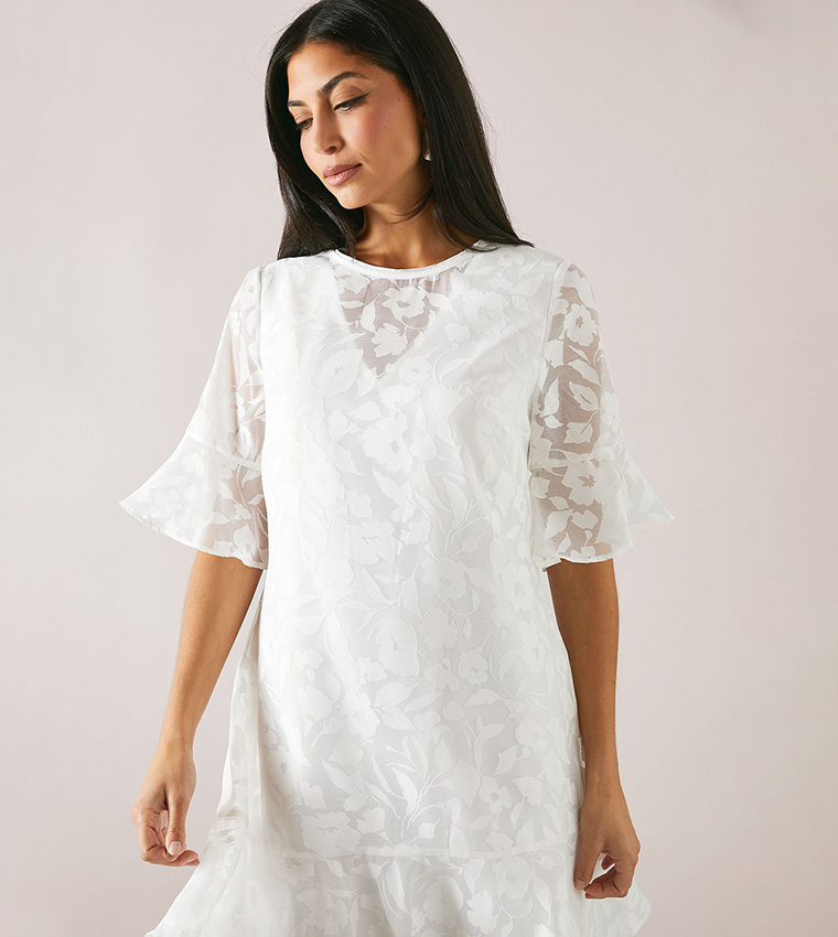 Burnout Floral Print Ruffle Sleeves Shift Dress