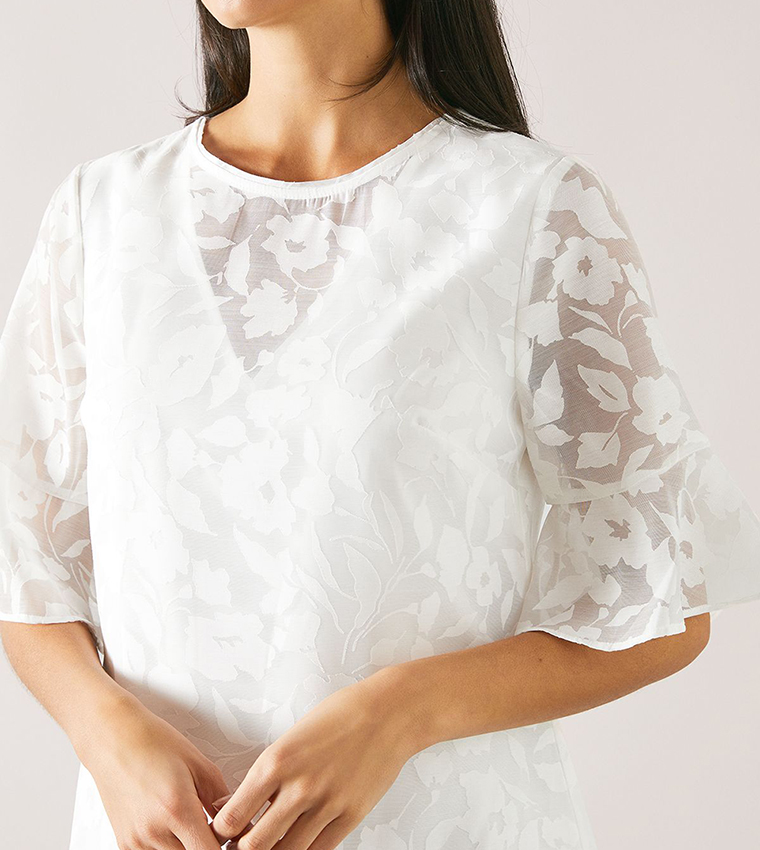 Burnout Floral Print Ruffle Sleeves Shift Dress