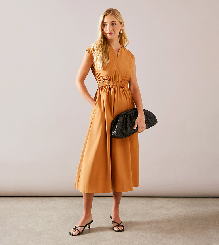 Buy Wallis Petite Viscose Linen Shirred Waist Midi Dress In Brown