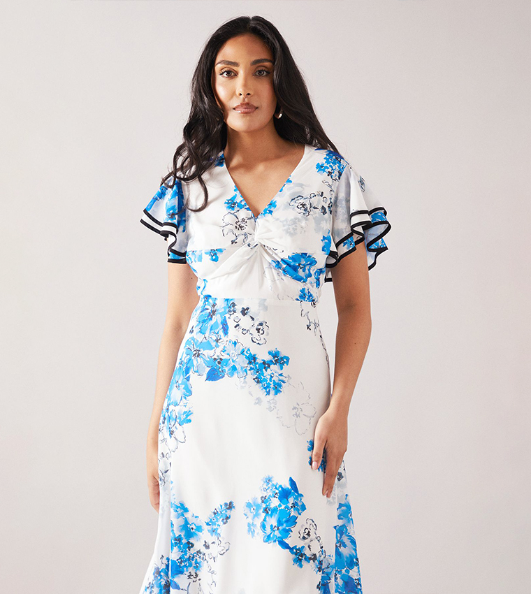 Petite Floral Print Ruffle Twist Midaxi Dress