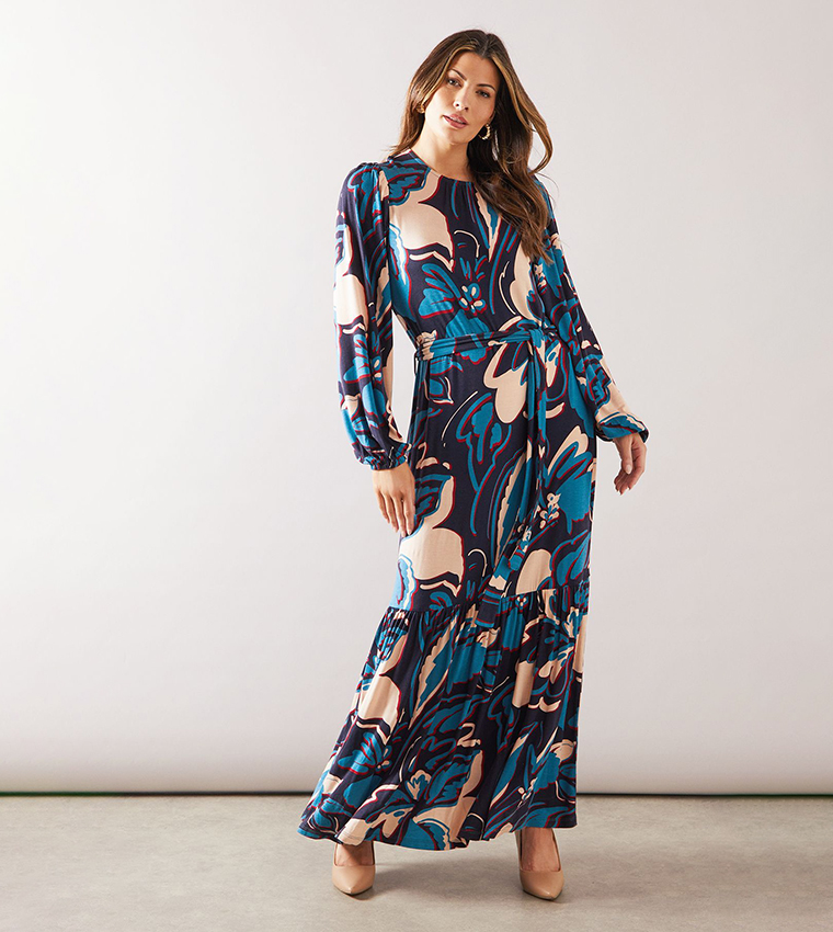 Floral Print Belted Long Sleeves Midi Dress