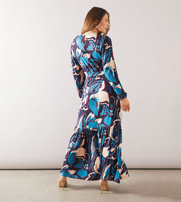 Floral Print Belted Long Sleeves Midi Dress