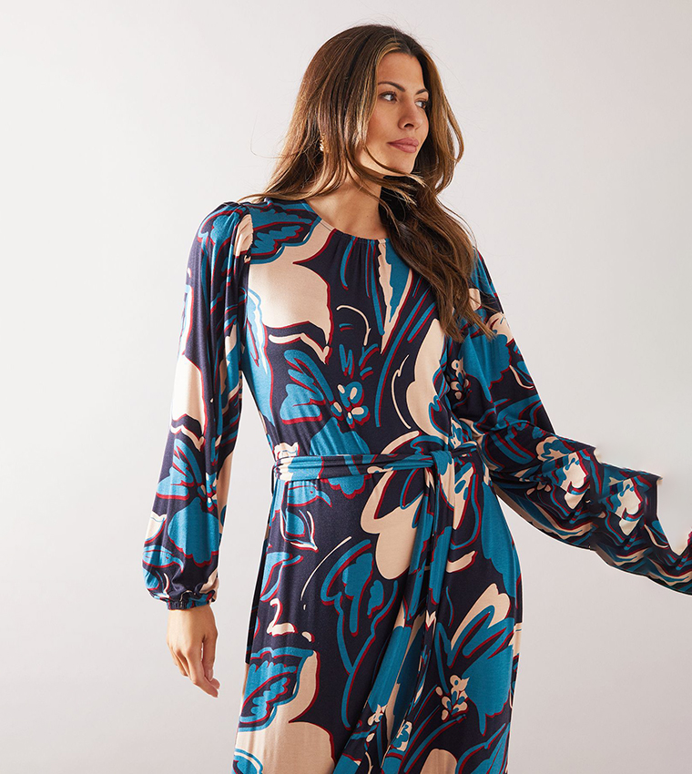 Floral Print Belted Long Sleeves Midi Dress