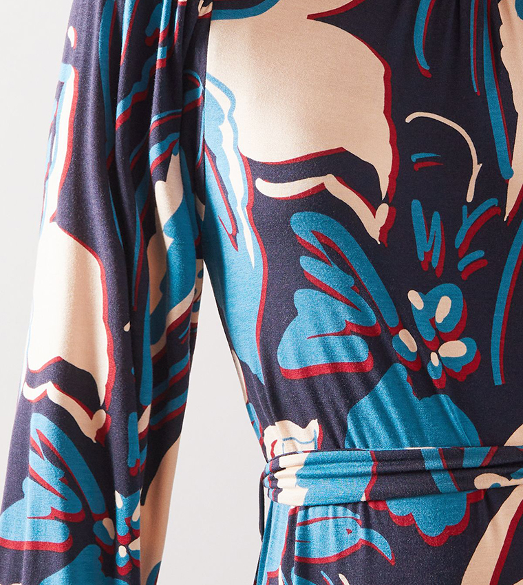 Floral Print Belted Long Sleeves Midi Dress