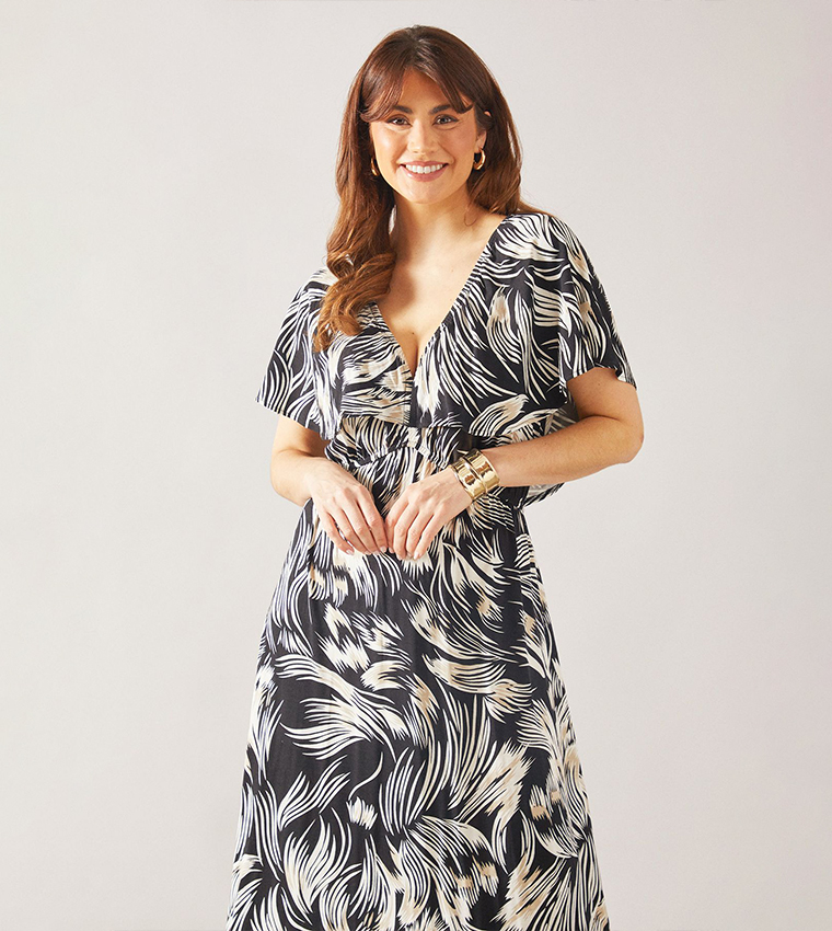 Abstract Cape Sleeves Viscose Jersey Midaxi Dress