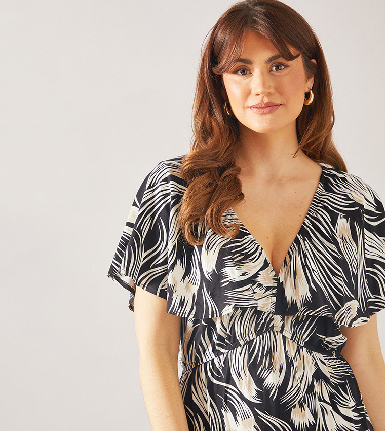 Abstract Cape Sleeves Viscose Jersey Midaxi Dress