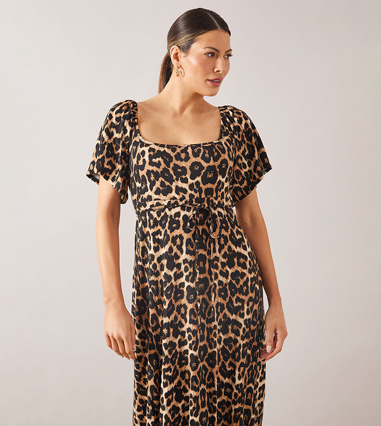 Leopard Print Split Sleeves Viscose Jersey Midi Dress