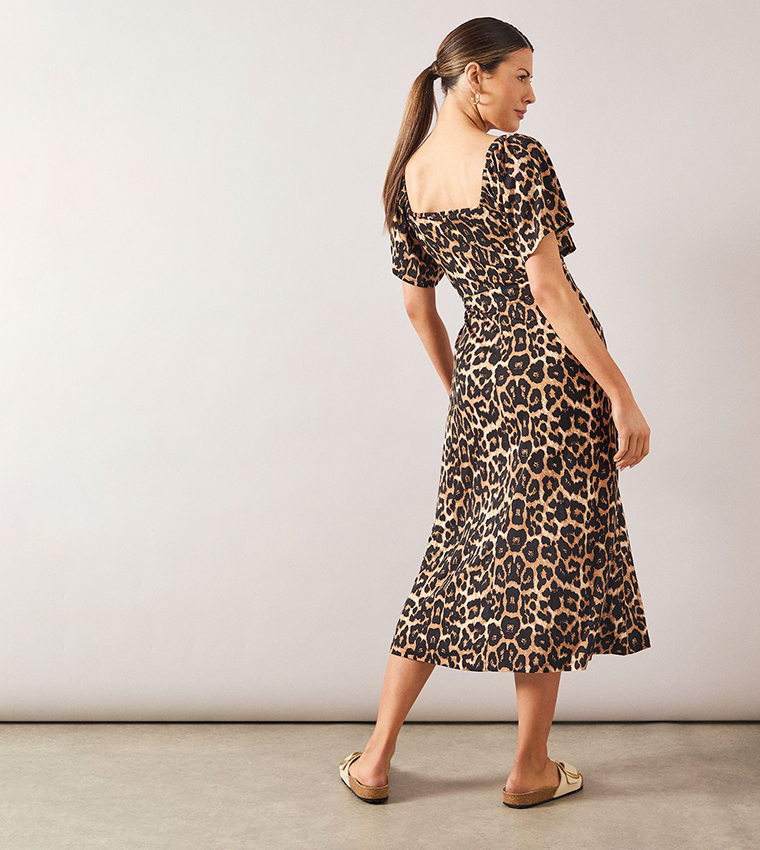 Leopard Print Split Sleeves Viscose Jersey Midi Dress