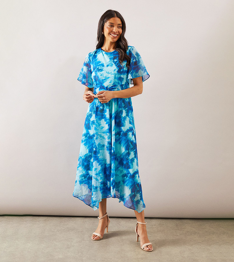 Abstract Chiffon Twist Front Midi Dress