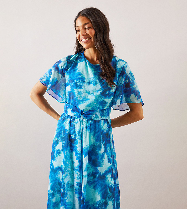 Abstract Chiffon Twist Front Midi Dress