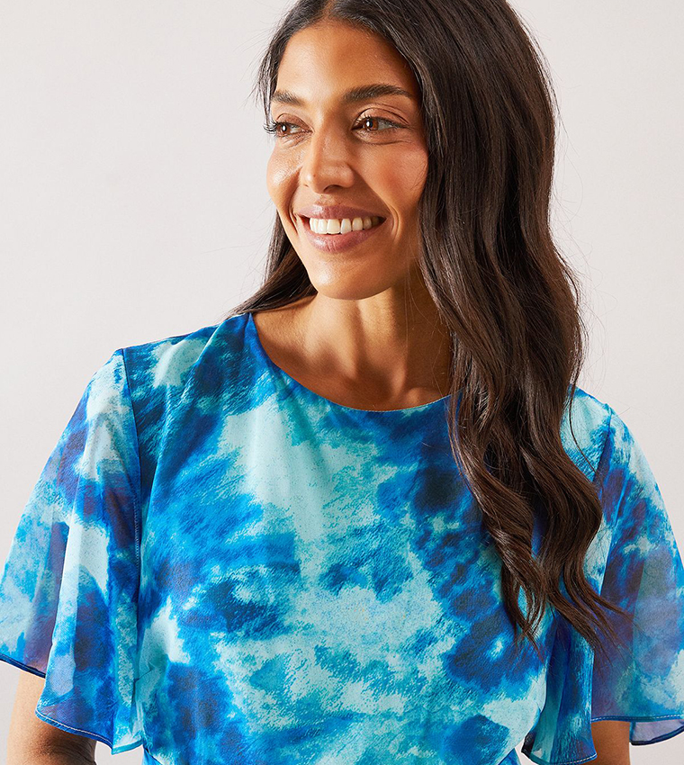 Abstract Chiffon Twist Front Midi Dress